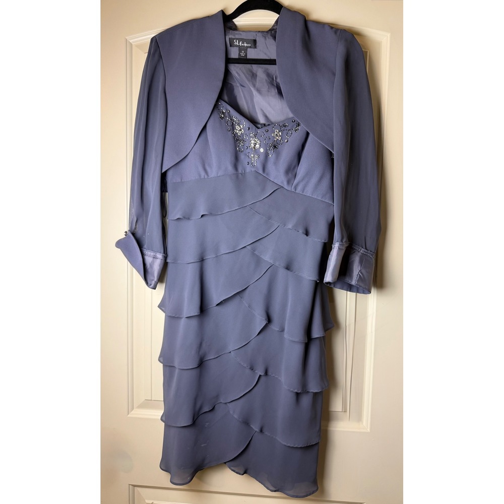 SL Fashions Beaded Tiered Ruffle Dress and Bolero Jacket Set Blue Slate Size 14